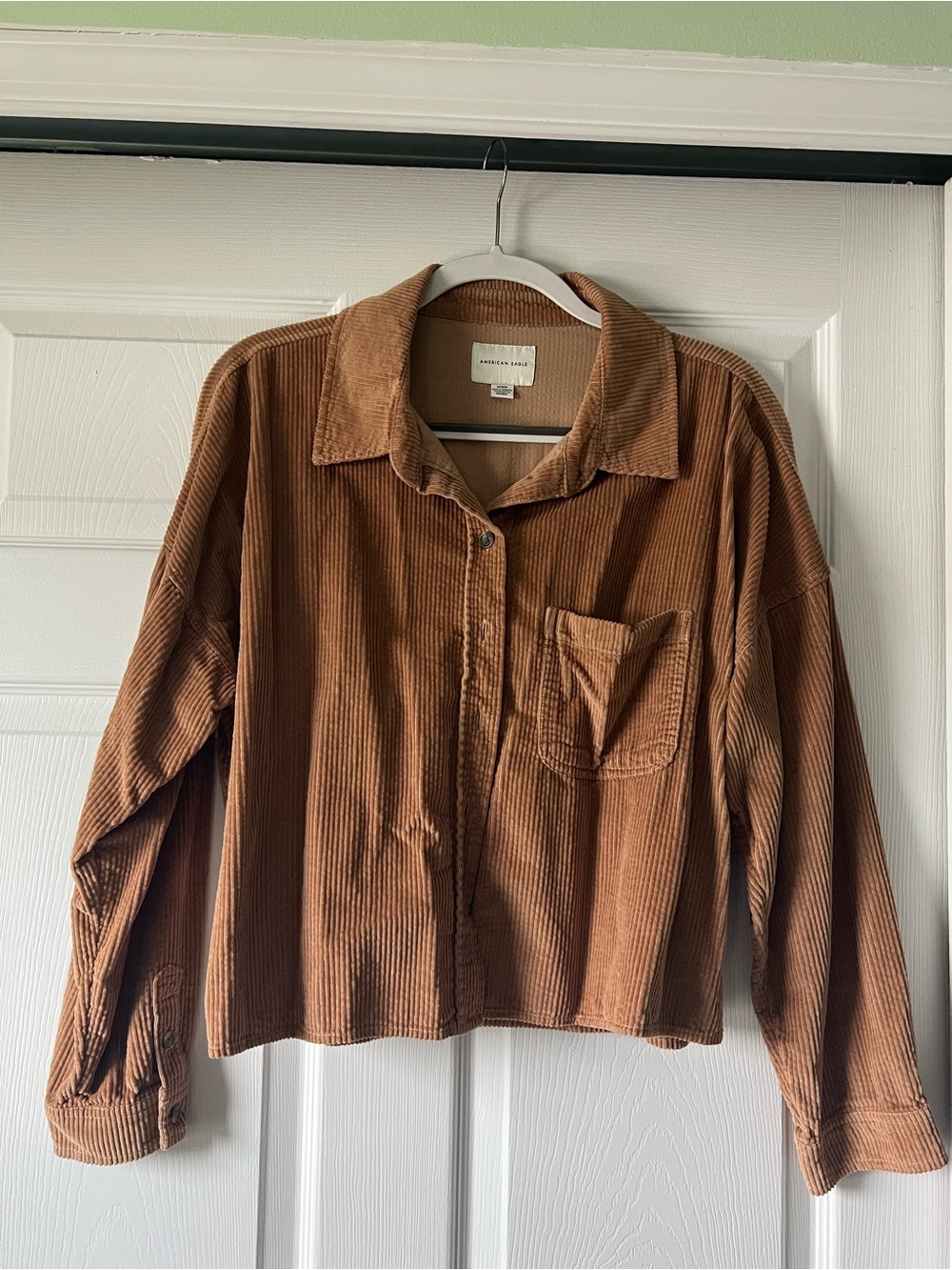 American Eagle Corduroy Button-Front Shirt Jacket in Rust Brown